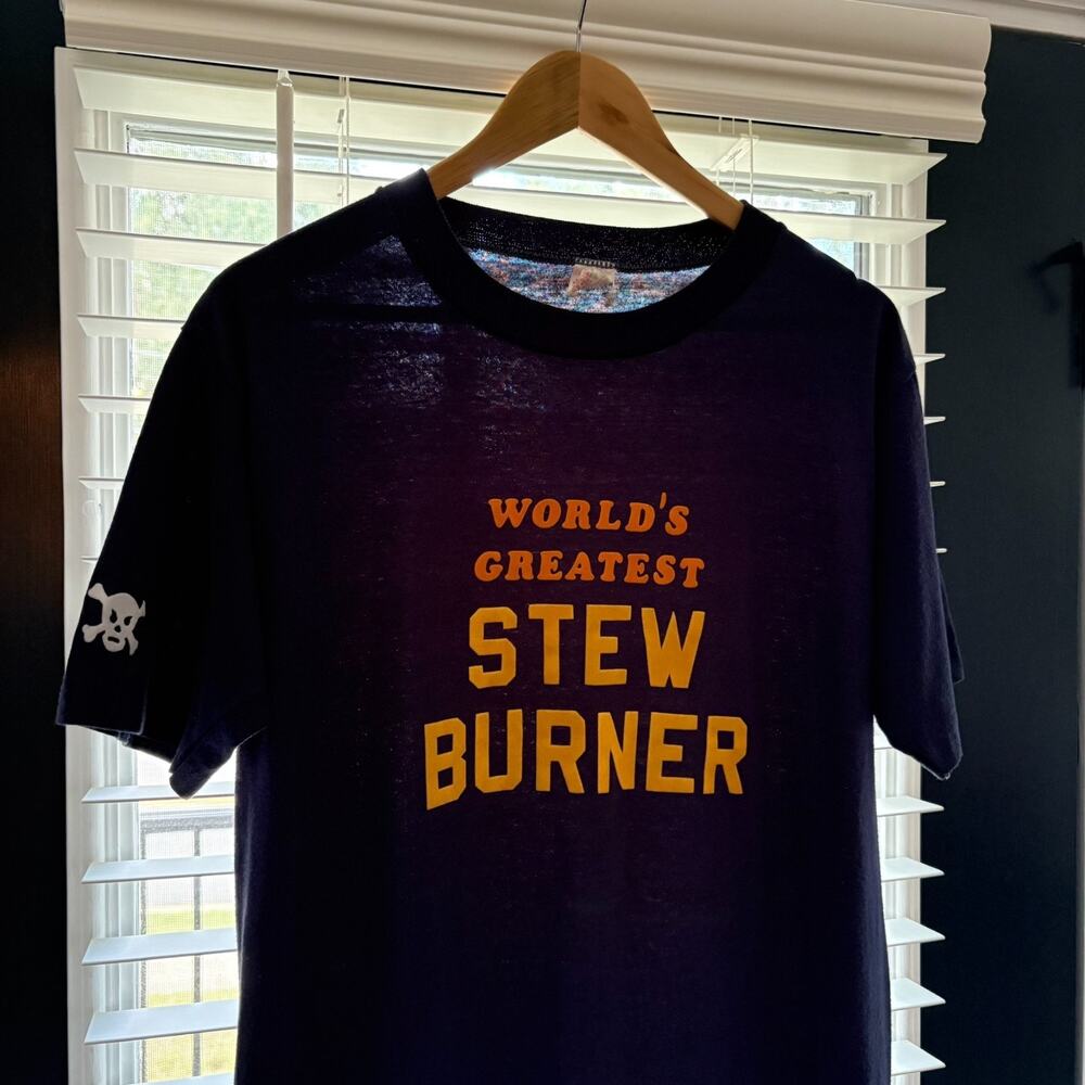 Vintage 1970s Paper Thin Burnout T-Shirt Men's Size L Navy Blue Stew Burner